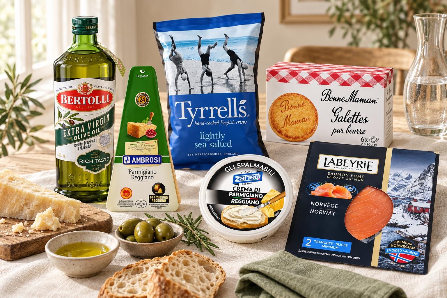 Bertolli olive oil, Ambrosi Parmigiano Reggiano, Bonne Maman galettes, Tyrrells crisps, Labeyrie smoked salmon and Zanetti Crema di Parmigiano on a linen table